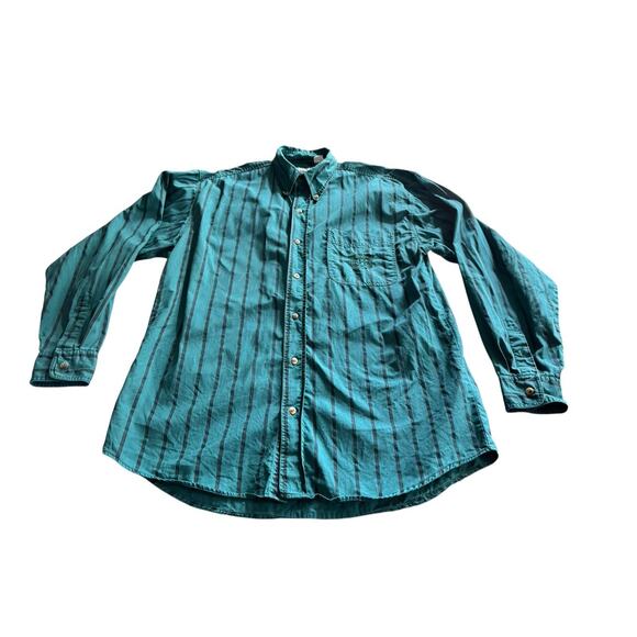 Vintage Bugle Boy Co. Striped Button Down Shirt Men’s L Faded Green Crest Logo - Picture 5 of 9